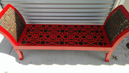A DIY stenciled red bench using the Covington Allover Stencil. http://www.cuttingedgestencils.com/stencil-stencils-covington.html