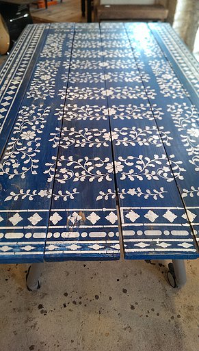 A blue DIY stenciled table using the Indian Inlay Stencil Kit. http://www.cuttingedgestencils.com/indian-inlay-stencil-furniture.html