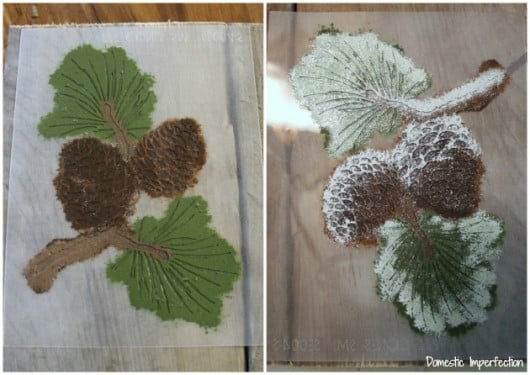 Stenciling DIY pallet art with the Pine Cone Stencil and acrylic craft paint.. http://www.cuttingedgestencils.com/pine-cones-stencil.html