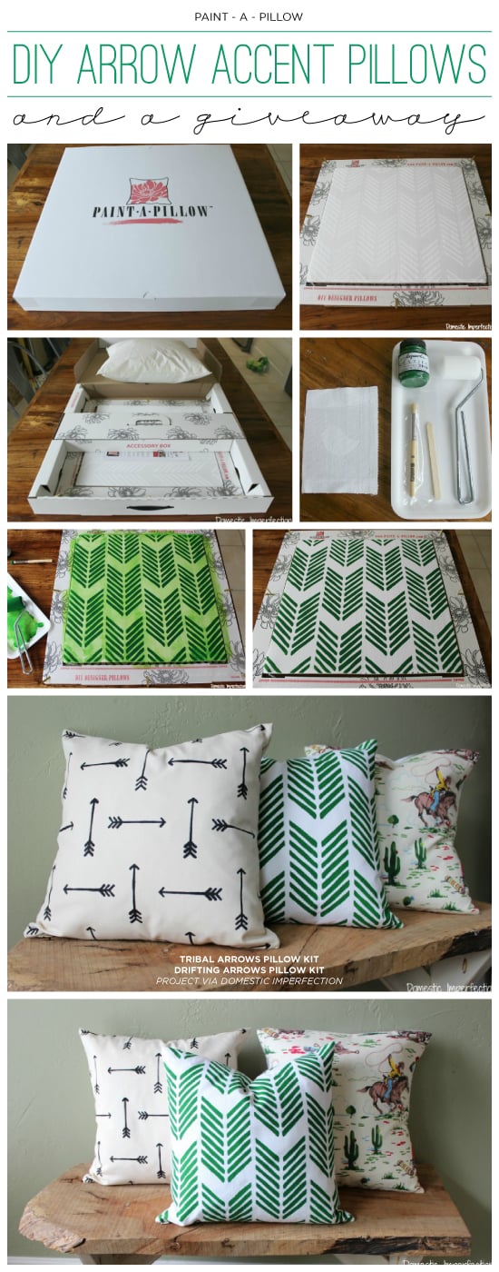 DIY stenciled accent pillows using the Drifting Arrows and Tribal Arrows Paint-A-Pillow kits. http://paintapillow.com/index.php/catalogsearch/result/?q=arrow