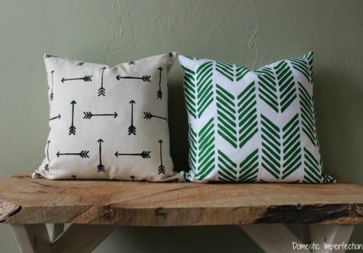 DIY stenciled accent pillows using the Drifting Arrows and Tribal Arrows Paint-A-Pillow kits. http://paintapillow.com/index.php/catalogsearch/result/?q=arrow
