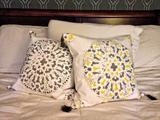 Paint-A-Pillow shares painted pillows using the Antico stencil kit. http://paintapillow.com/index.php/antico-paint-a-pillow-kit.html