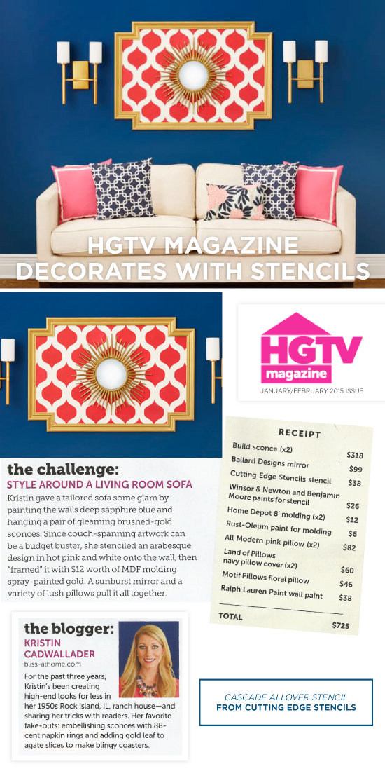 Cutting Edge Stencils shares a Cascade stenciled wall accent featured in HGTV Magazine. http://www.cuttingedgestencils.com/cascade-allover-stencil-pattern.html