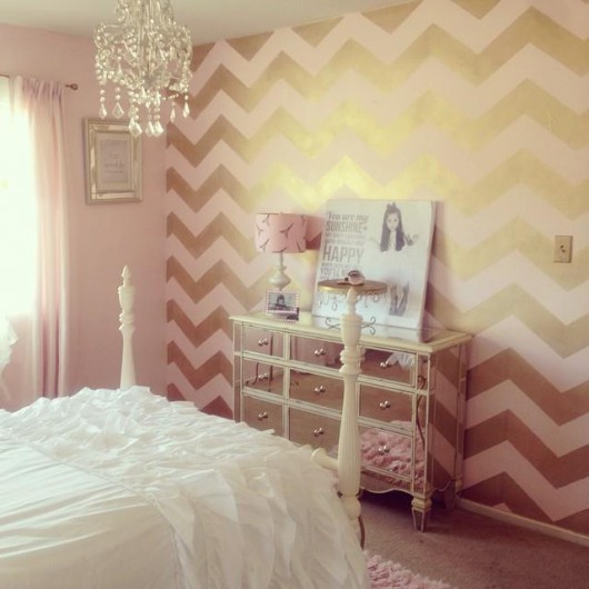 A blush and gold DIY stenciled accent wall using the Chevron Allover pattern. http://www.cuttingedgestencils.com/chevron-stencil-pattern.html