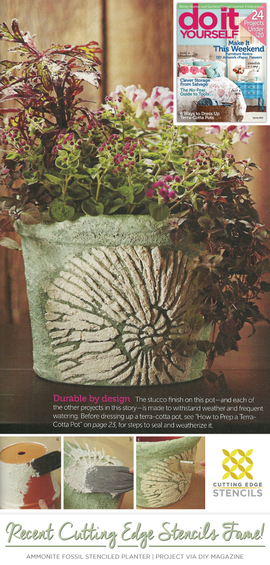 A DIY fossil stenciled terra-cotta pot in DIY Magazine. cutting-edge-stencils-diy-magazine