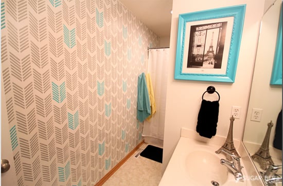 A DIY stenciled bathroom using the Drifting Arrows stencil pattern. http://www.cuttingedgestencils.com/drifting-arrows-stencil-pattern-diy-decor.html