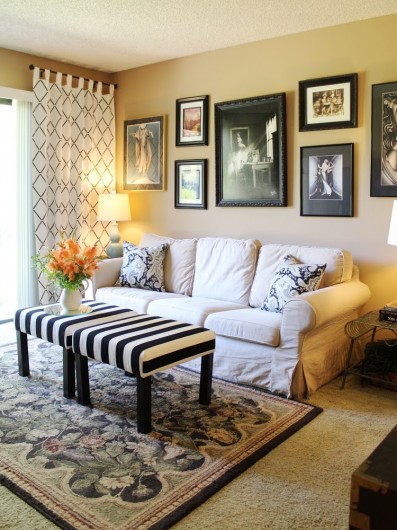 A budget friendly family room makeover with DIY Harlequin Trellis stenciled curtains.  http://www.cuttingedgestencils.com/trellis-stencil-harlequin.html