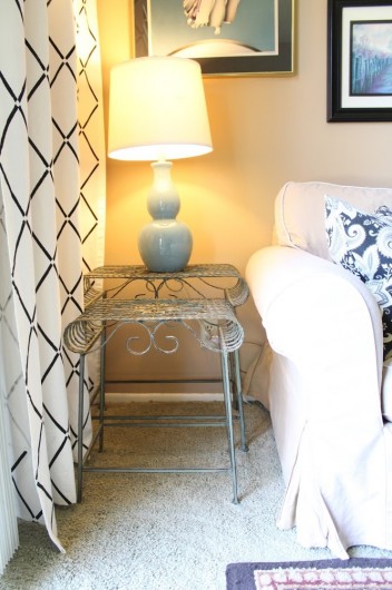 A budget friendly family room makeover with DIY Harlequin Trellis stenciled curtains.  http://www.cuttingedgestencils.com/trellis-stencil-harlequin.html