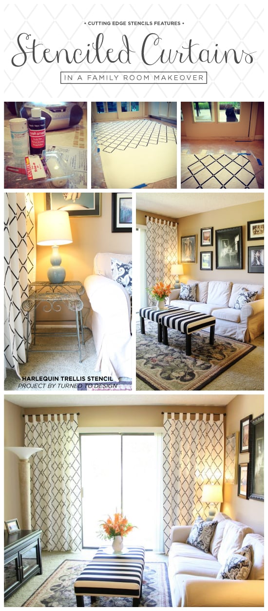 Cutting Edge Stencils shares a budget friendly family room makeover with DIY Harlequin Trellis stenciled curtains. http://www.cuttingedgestencils.com/trellis-stencil-harlequin.html