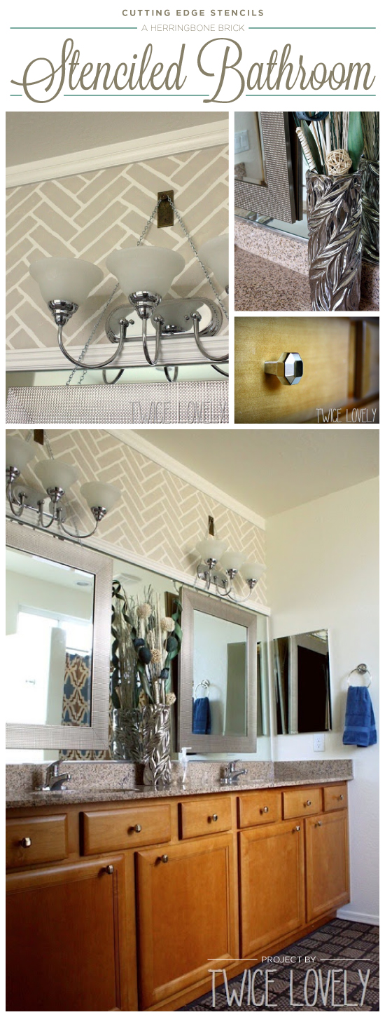 A DIY stenciled bathroom makeover using the Herringbone Brick stencil. http://www.cuttingedgestencils.com/herringbone-brick-pattern-stencil-wall-decor.html