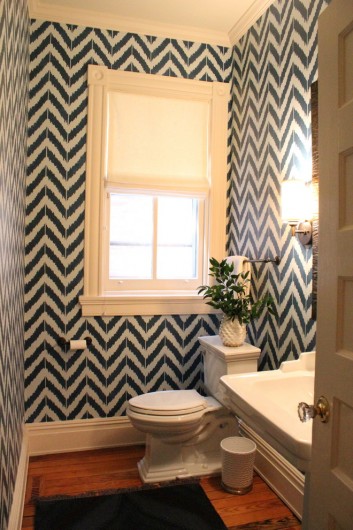 A DIY stenciled bathroom using the Ikat Zig Zag wall stencil. http://www.cuttingedgestencils.com/zigzag-stencil-pattern.html