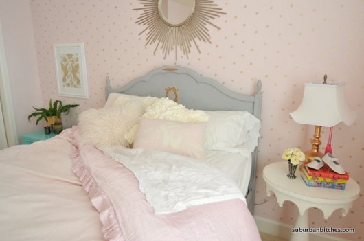 A DIY blush and gold stenciled girl's room using the Little Diamonds Allover. http://www.cuttingedgestencils.com/little-diamonds-pattern-stencil-for-walls.html