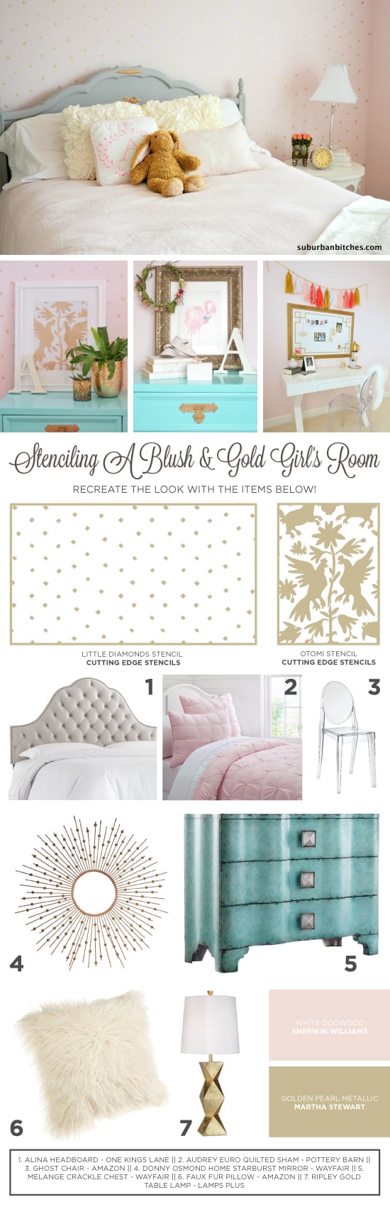 Recreate the look of this DIY blush and gold stenciled girl's room using the Little Diamonds Allover. http://www.cuttingedgestencils.com/little-diamonds-pattern-stencil-for-walls.html