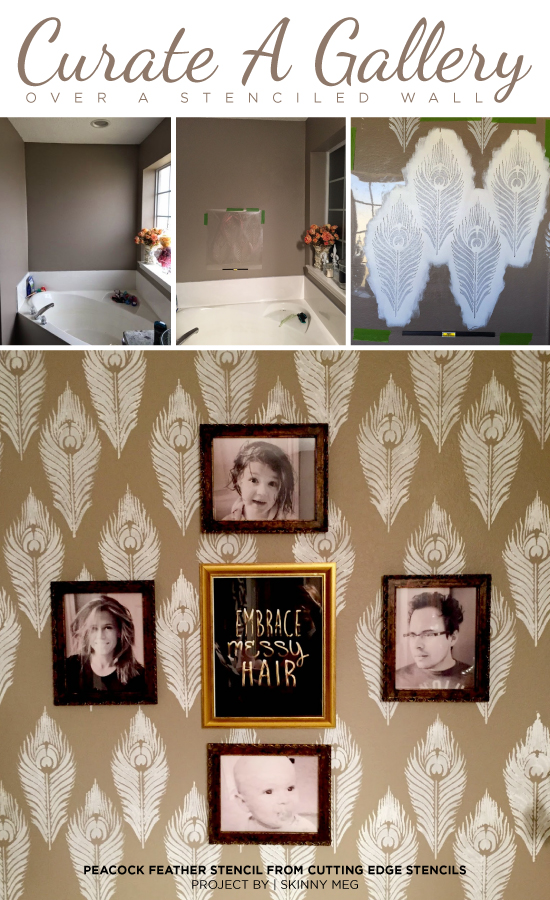 A Peacock Feather stenciled wall is the backdrop to a messy hair collage in a bathroom. http://www.cuttingedgestencils.com/peacock-feather-wall-stencil-pattern.html