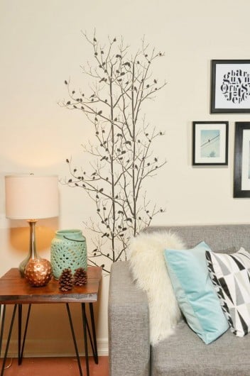 A Scandinavian inspired decor using the Birds In Trees Allover Stencil. http://www.cuttingedgestencils.com/birds-in-trees-wall-stencil-pattern.html