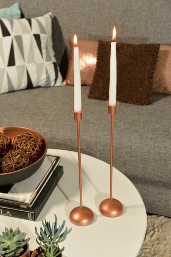 DIY Ikea candlesticks and bowl that were painted copper.