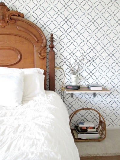 A DIY stenciled accent wall with a wallpaper look using the Fuji Allover Stencil. http://www.cuttingedgestencils.com/stencil-wall-stencils-fuji.html