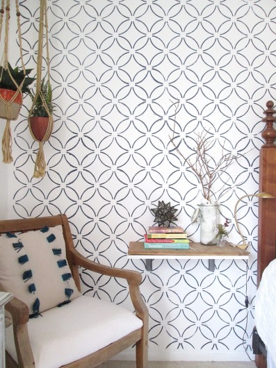 A DIY stenciled accent wall with a wallpaper look using the Fuji Allover Stencil. http://www.cuttingedgestencils.com/stencil-wall-stencils-fuji.html
