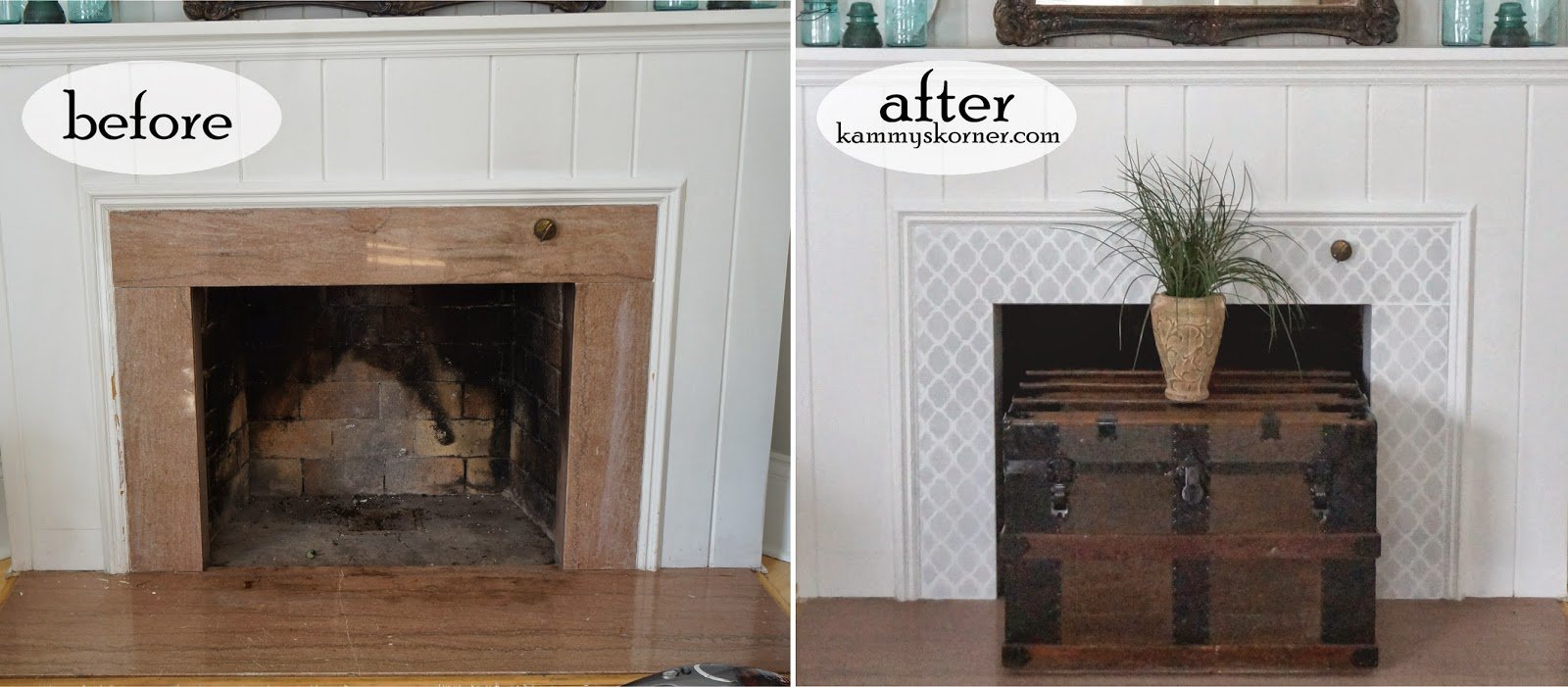 Before and After of a DIY painted granite fireplace makeover using the Rabat Craft Stencil. http://www.cuttingedgestencils.com/rabat-furniture-fabric-stencil.html