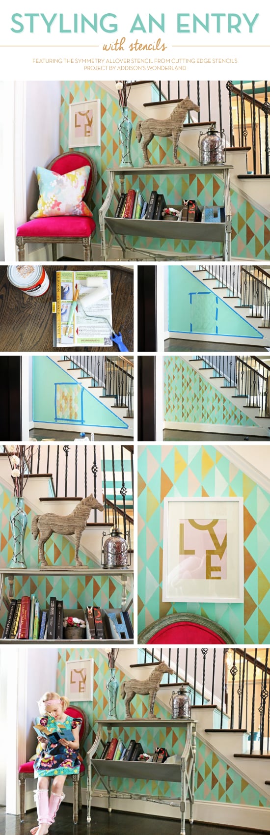 Cutting Edge Stencils share a DIY stenciled entryway using the Symmetry Allover stencil pattern on an entryway wall. http://www.cuttingedgestencils.com/symmetry-geometric-stencil-pattern.html