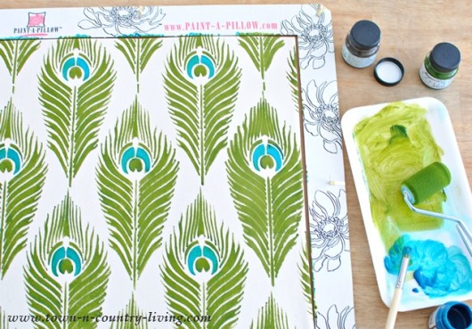 Stenciling a DIY accent pillow using the Peacock Feathers stencil from Paint-A-Pillow. http://paintapillow.com/index.php/peacock-feathers-paint-a-pillow-kit.html