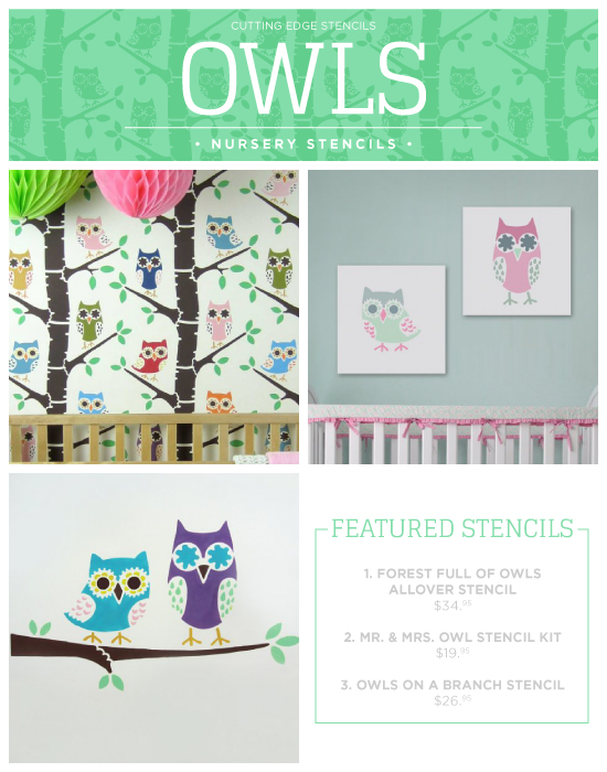 Cutting Edge Stencils shares new nursery wall stencil patterns including these Owl themed designs. http://www.cuttingedgestencils.com/owl-forest-nursery-wall-pattern-stencil.html
