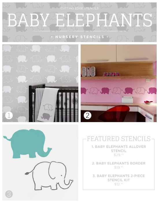 Cutting Edge Stencils shares new nursery wall stencil patterns including these Baby Elephants themed designs. http://www.cuttingedgestencils.com/baby-elephants-stencil-nursery-decor.html