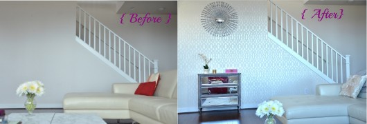 Before and after of a DIY stenciled accent wall using the Trellis Allover stencil in Ralph Lauren metallic gold. http://www.cuttingedgestencils.com/allover-stencil.html
