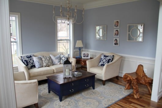 A blue gray living room before its stenciled makeover.