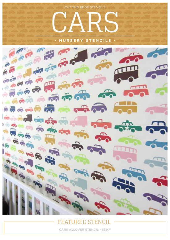 Cutting Edge Stencils shares new nursery wall stencil patterns including these Car themed designs. http://www.cuttingedgestencils.com/cars-allover-stencil-nursery-wall-decor.html