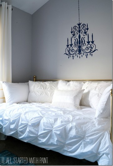 A DIY stenciled Chandelier wall pattern in a bedroom. http://www.cuttingedgestencils.com/chandelier-stencil-decal.html