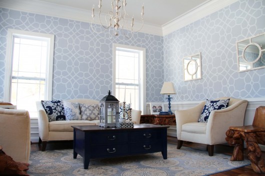 A DIY stenciled living room with a wallpaper look using the Coco Trellis Allover stencil. http://www.cuttingedgestencils.com/coco-trellis-allover-pattern-stencil.html