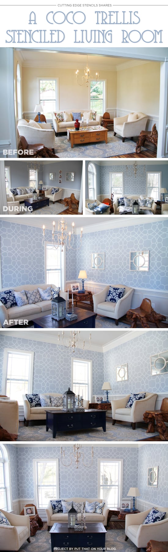 Cutting Edge Stencils shares a DIY stenciled living room with a wallpaper look using the Coco Trellis Allover stencil. http://www.cuttingedgestencils.com/coco-trellis-allover-pattern-stencil.html