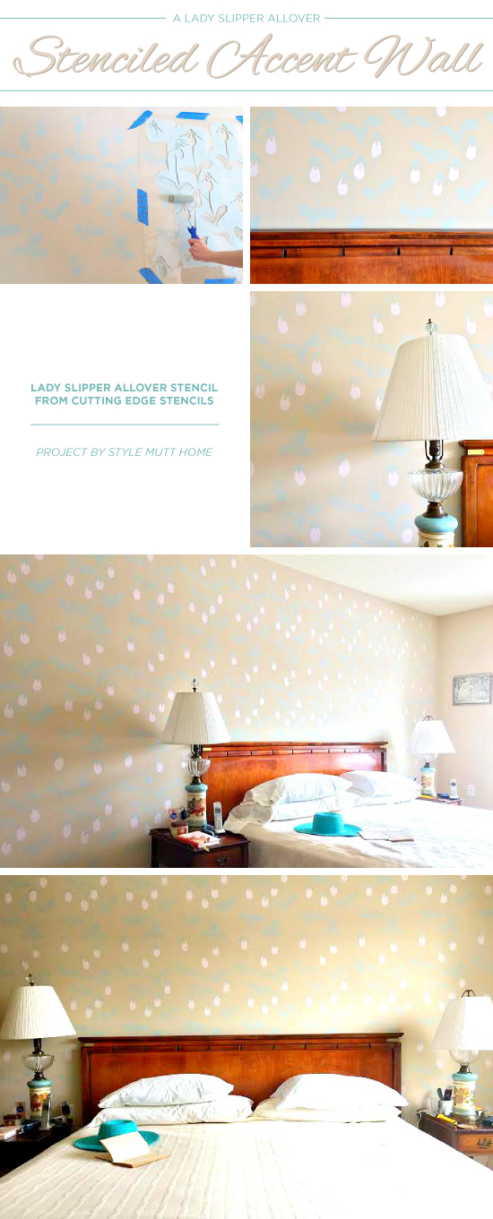 Cutting Edge Stencils shares a DIY stenciled accent wall in a bedroom using the Lady Slipper Allover pattern. http://www.cuttingedgestencils.com/orchid-floral-stencil-pattern.html