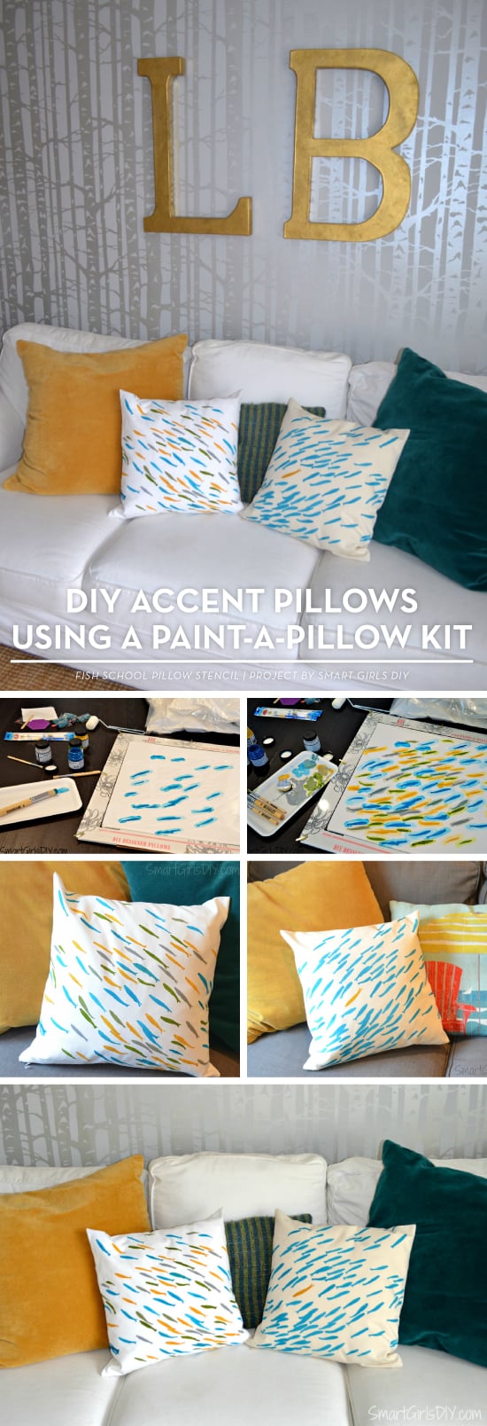 Cutting Edge Stencils shares DIY stenciled accent pillow using the Fish School Paint-A-Pillow stencil kit. http://paintapillow.com/index.php/fish-school-paint-a-pillow-kit.html