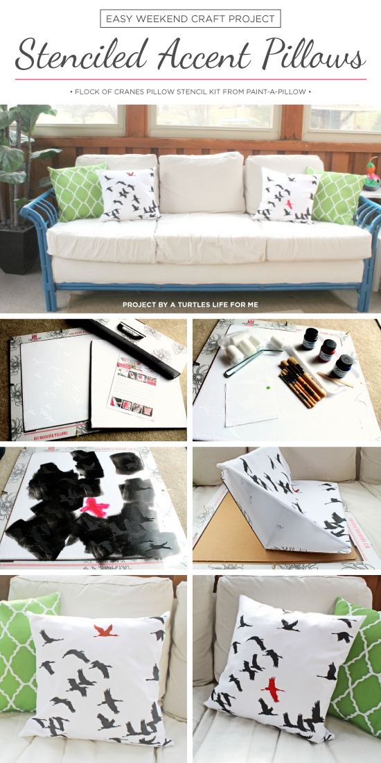 Learn how to make easy DIY stenciled accent pillows using the Flock of Cranes Paint-A-Pillow kit. http://paintapillow.com/index.php/flock-of-cranes-paint-a-pillow-kit.html