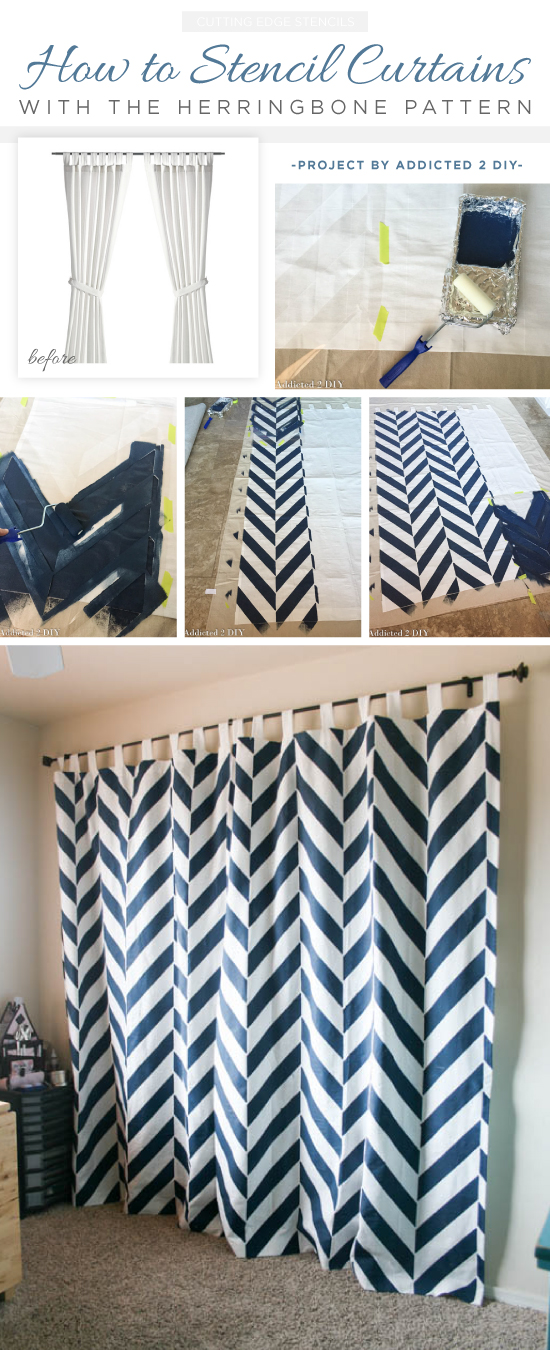 Cutting Edge Stencils shares how to make DIY stenciled curtains using the Herringbone Allover Stencil. http://www.cuttingedgestencils.com/herringbone-stencil-pattern.html