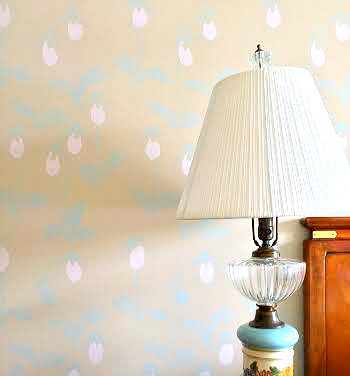 A DIY stenciled accent wall in a bedroom using the Lady Slipper Allover pattern. http://www.cuttingedgestencils.com/orchid-floral-stencil-pattern.html