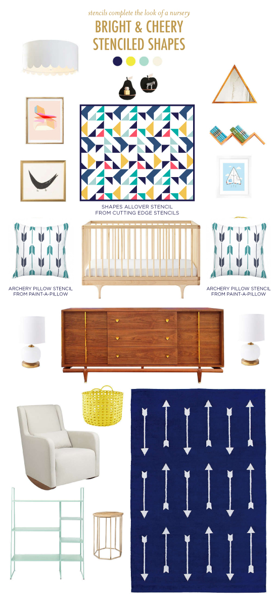 Cutting Edge Stencils shares DIY nursery design inspiration boards using bright and cheery shapes and colors. http://www.cuttingedgestencils.com/shapes-allover-geometric-stencil.html
