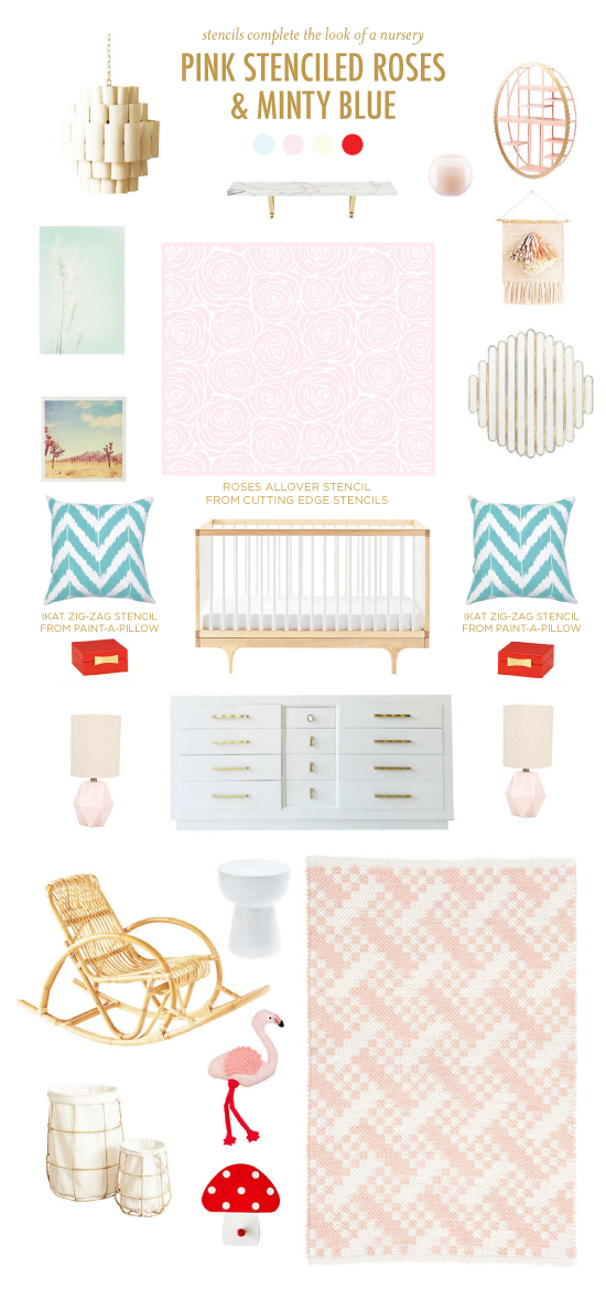 A pastel pink and mint nursery inspiration and design board using the Roses Allover Stencil. http://www.cuttingedgestencils.com/roses-stencil-pattern-rose-design.html