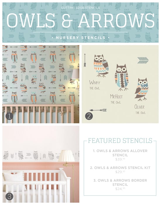 Cutting Edge Stencils shares new nursery wall stencil patterns including these Owl and Arrows themed designs. http://www.cuttingedgestencils.com/owls-arrows-allover-stencil-pattern.html