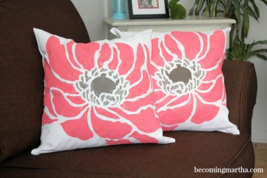 A DIY spring inspired painted pillow using the Anemone Blossom stencil from Paint-A-Pillow. http://paintapillow.com/index.php/anemone-blossom-paint-a-pillow-kit.html