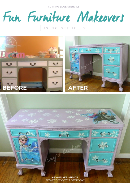 A DIY stenciled vanity using the Snowflake Stencils for a Frozen inspired theme. http://www.cuttingedgestencils.com/snowflake-stencils.html