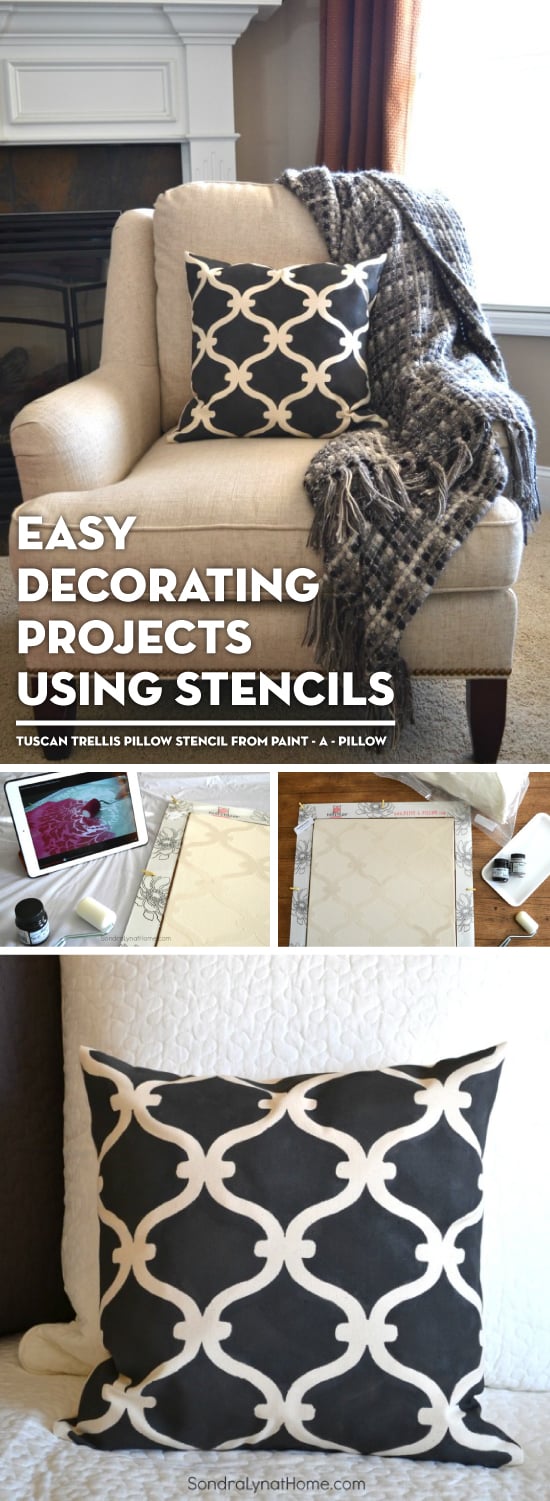 DIY stenciled accent pillows using the Tuscan Trellis stencil from the Paint-A-Pillow kit. http://paintapillow.com/index.php/tuscan-trellis-paint-a-pillow-kit.html