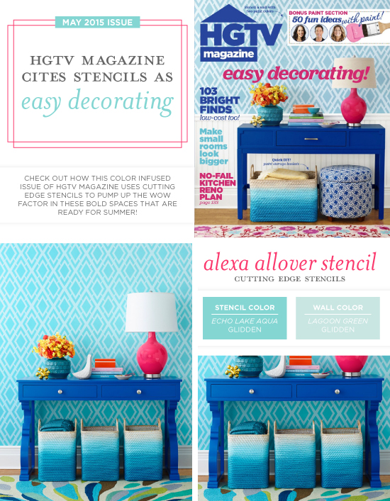 HGTV Magazine features the Alexa Allover from Cutting Edge Stencils on the May cover. http://www.cuttingedgestencils.com/alexa-allover-wall-pattern.html