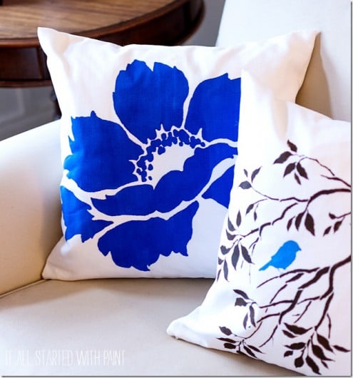 Nature-inspired DIY accent pillows using the Birds on a Branch Paint-A-Pillow kit and Anemone Grande kit. http://paintapillow.com/index.php/birds-on-a-branch-paint-a-pillow-kit.html