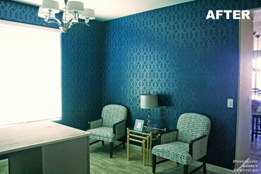 A DIY stenciled office using the Iron Gate Allover Stencil pattern in tone on tone navy blue. http://www.cuttingedgestencils.com/stencils-allover.html
