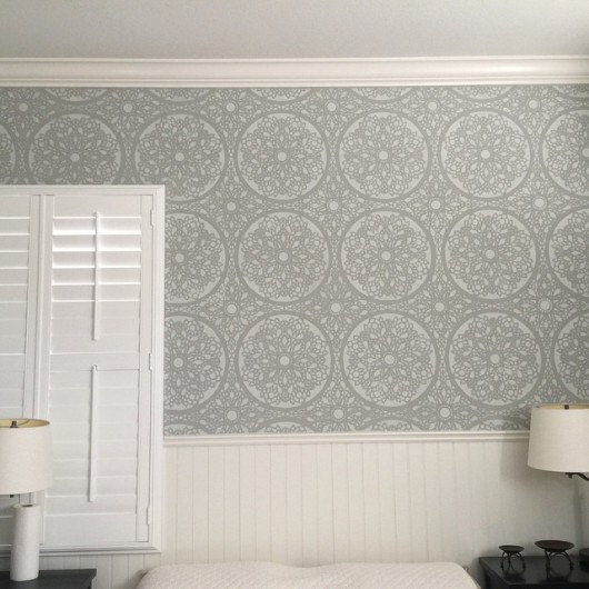 A DIY stenciled accent wall in a guest bedroom using the Chalotte Allover Stencil. http://www.cuttingedgestencils.com/charlotte-allover-stencil-pattern.html