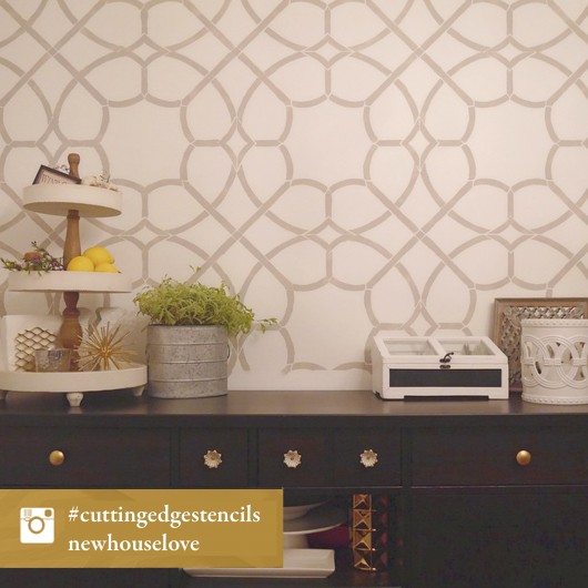 A DIY stenciled accent wall using the Coco Trellis Allover Stencil. http://www.cuttingedgestencils.com/coco-trellis-allover-pattern-stencil.html
