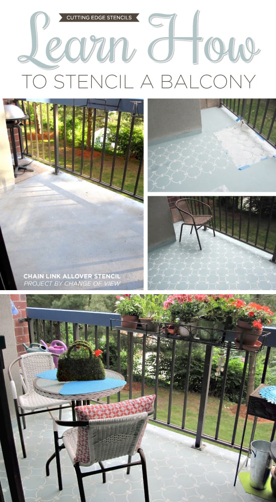 Cutting Edge Stencils shares a DIY painted and stenciled concrete balcony with the Chain Link Allover Stencil. http://www.cuttingedgestencils.com/link-stencil-pattern.html